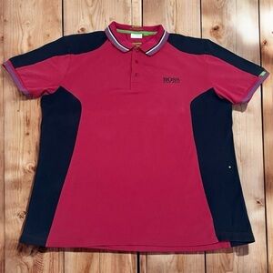 Hugo Boss Magenta Navy Blue Colorblock Golf Tennis Polo Athletic‎ Shirt Size XL